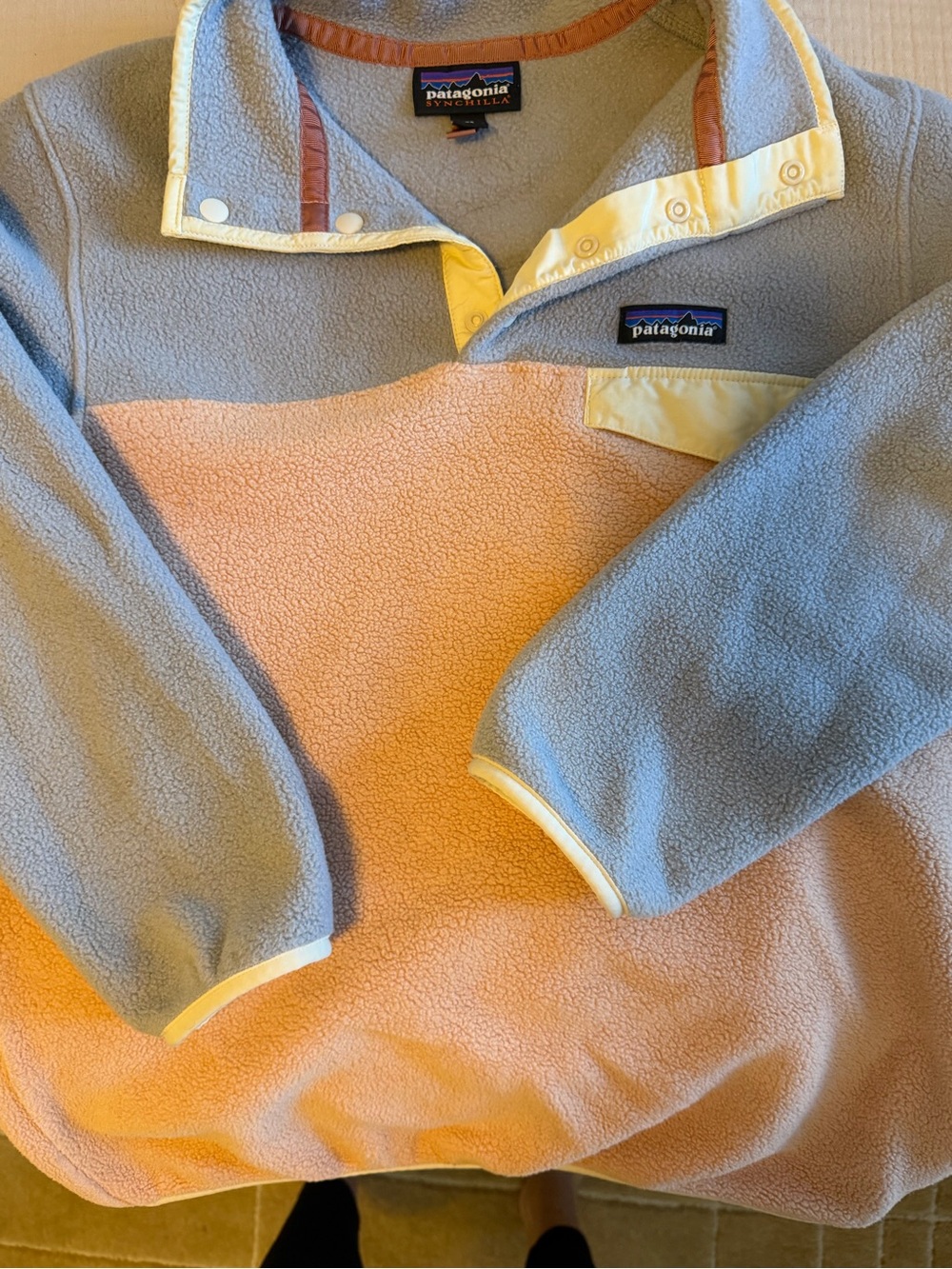 Patagonia Two-Tone Fleece Pullover in Light Blue/gray and Peach with Yellow Trim